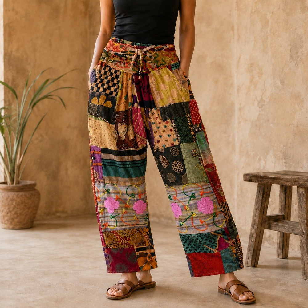 Himalaya Cotton Patchwork Wide Leg Pants Boho Festival Embroidered Multi Color